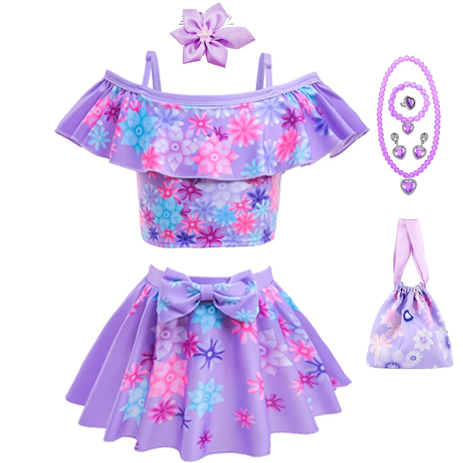 Encanto Mirabel Isabela Cosplay Carnival Costume Girls Swimsuit 2 Piece Sets Summer Swimwear Bikini Beach Party Set 3-10Yrs
