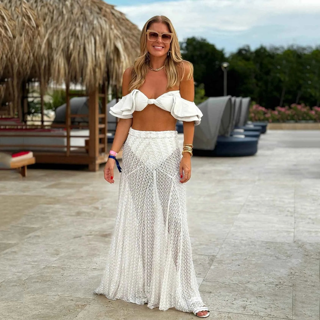 3pcs Swimsuit Sexy Bikinis 2025 Women Swimwear Crochet Dress Off Shoulder Ruffle Swim Suit Bathingsuit Beachwear Bandeau Biquini