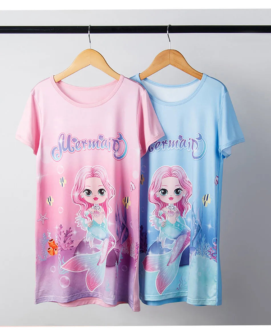 Girl Mermaid Dress Children Short Sleeve Summer Princess Dress Breathable Cartoon Print Girls Soft Silk Nightgown Kids Sleepwear