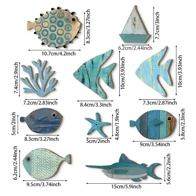 10pcs/set Fish Home Wall Decor Wooden Fish Hanging Beach Theme Bathroom Art Nautical Coastal Ocean Decoration