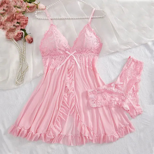 Soft Sheer Nighty Pajamas Hotselling Nightgowns Dark Green Halter Dress Women Sleepwear Sexy Bra Plus Size Nightdress Thong Sets