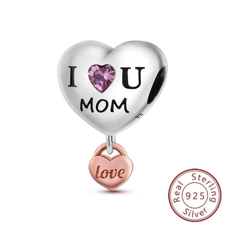 Original 925 Sterling Silver Charm Bead Mother's Day Love Heart Family Charm Bead Pendant Fits Bracelet Womens Jewelry Gifts