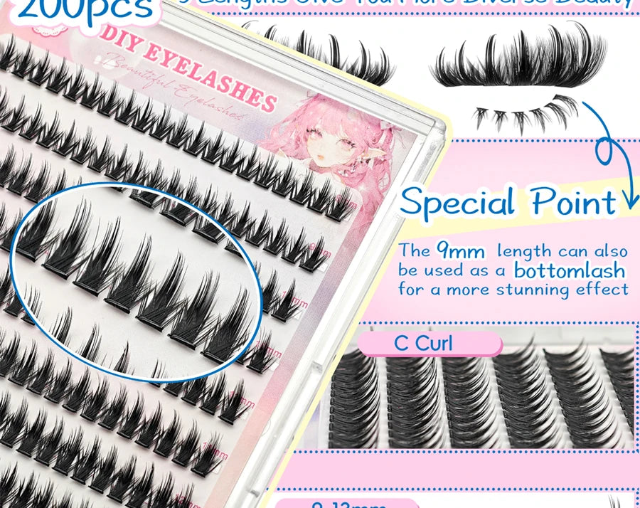 10 rows of 200 clusters of self-adhesive false eyelashes, makeup eyelashes, extending soft eyelashes, 9-13mm（MIX)
