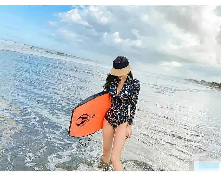 Style Diving Sun Protection Long-sleeved One-piece Ins Slimming Belly-covering Conservative Swimsuit for Women Jellyfish Suit