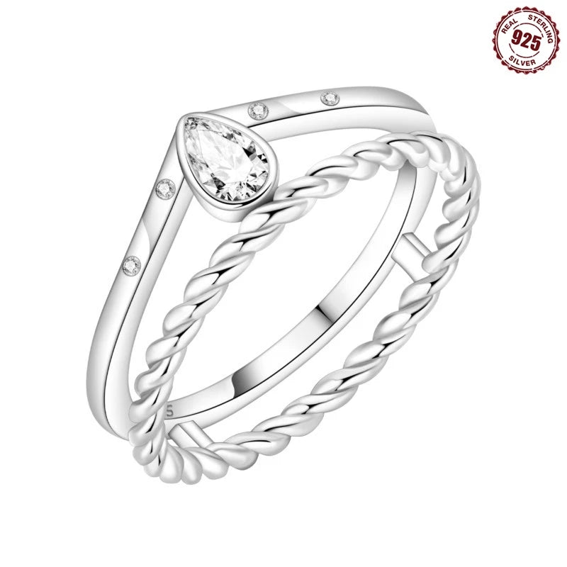 MISEFF Real 925 Sterling Silver Double Rings Simple Color Zircon Rings For Wedding Engagement Birthday Silver Jewelry Gift