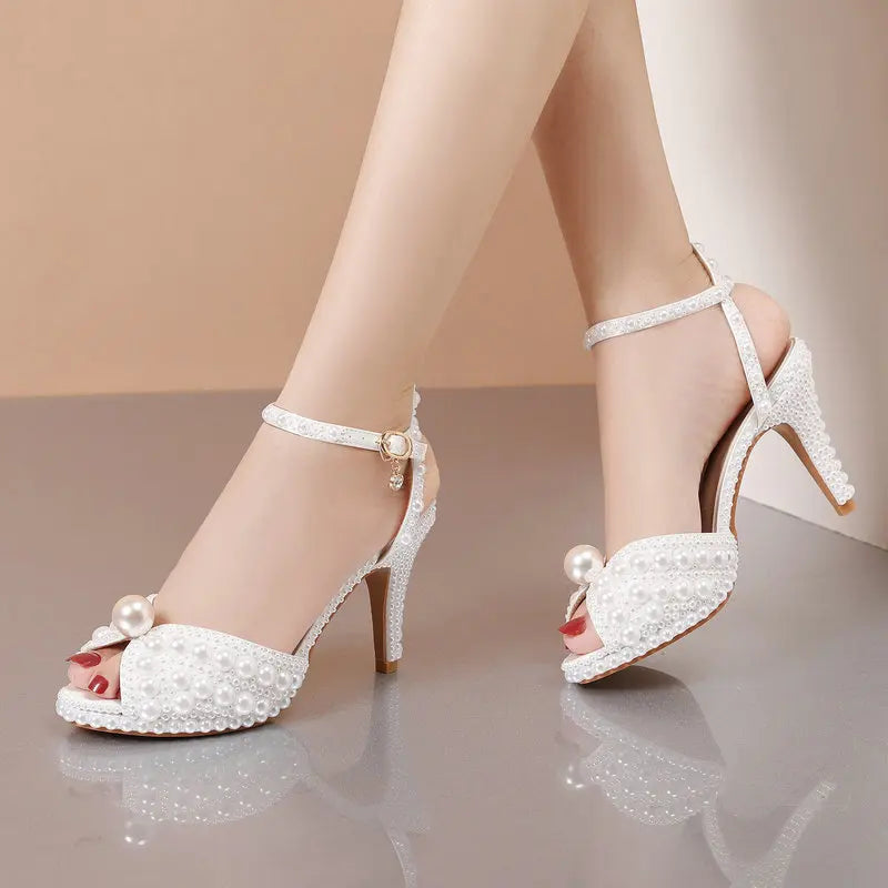 2025 Autumn New Fish Mouth High Heels Waterproof Platform Shallow Mouth 8.5cm Pearl Women'S Single Shoes Bride Wedding Shoes
