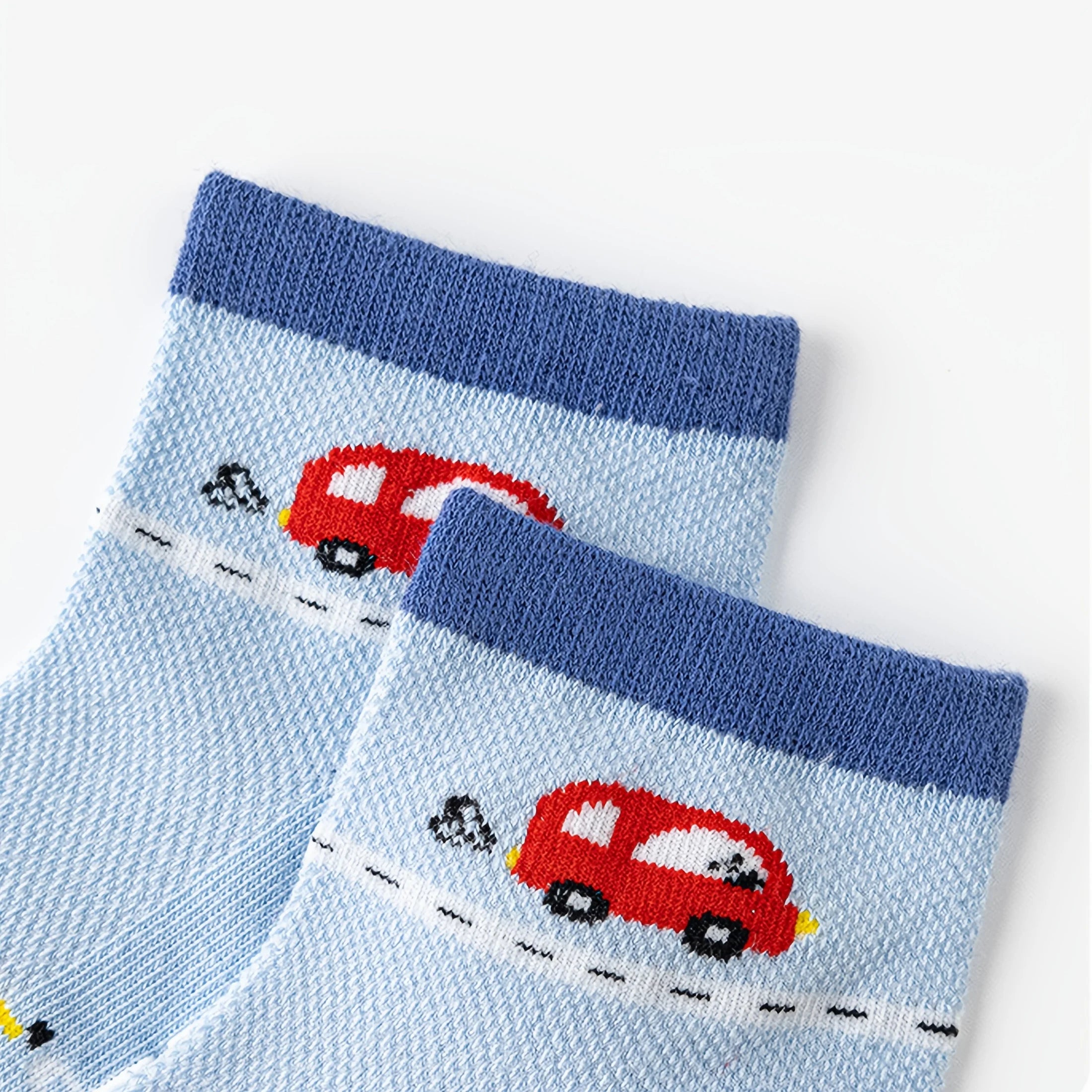5-Pack Children's Floor Socks with Letter Stripes, Car Patterns, Cartoon Designs, Boys' Baby Walking Socks, Mesh Breathable Soft-Soled Indoor Non-Slip Blue Mid-Tube Socks, Suitable for Casual Daily Life