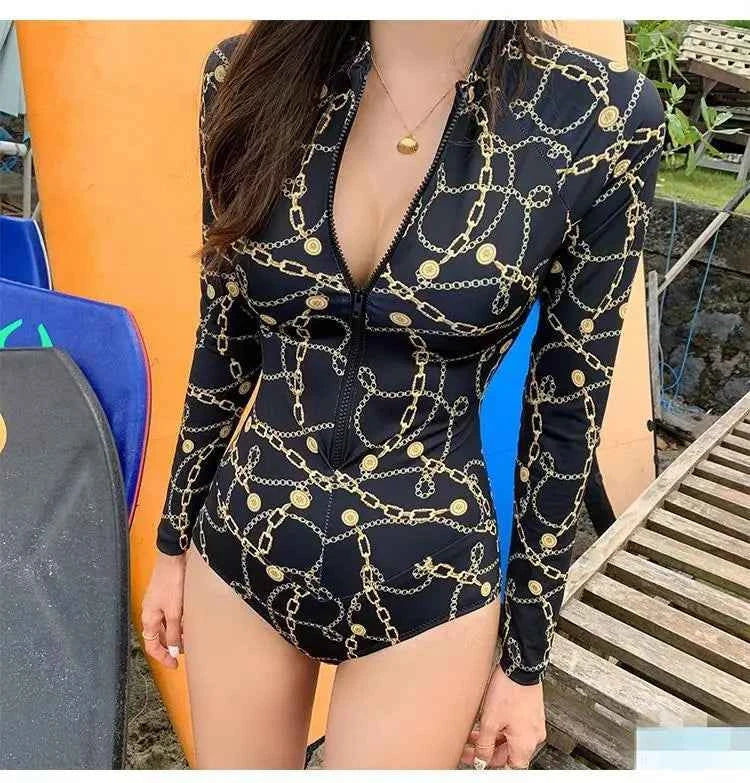 Style Diving Sun Protection Long-sleeved One-piece Ins Slimming Belly-covering Conservative Swimsuit for Women Jellyfish Suit