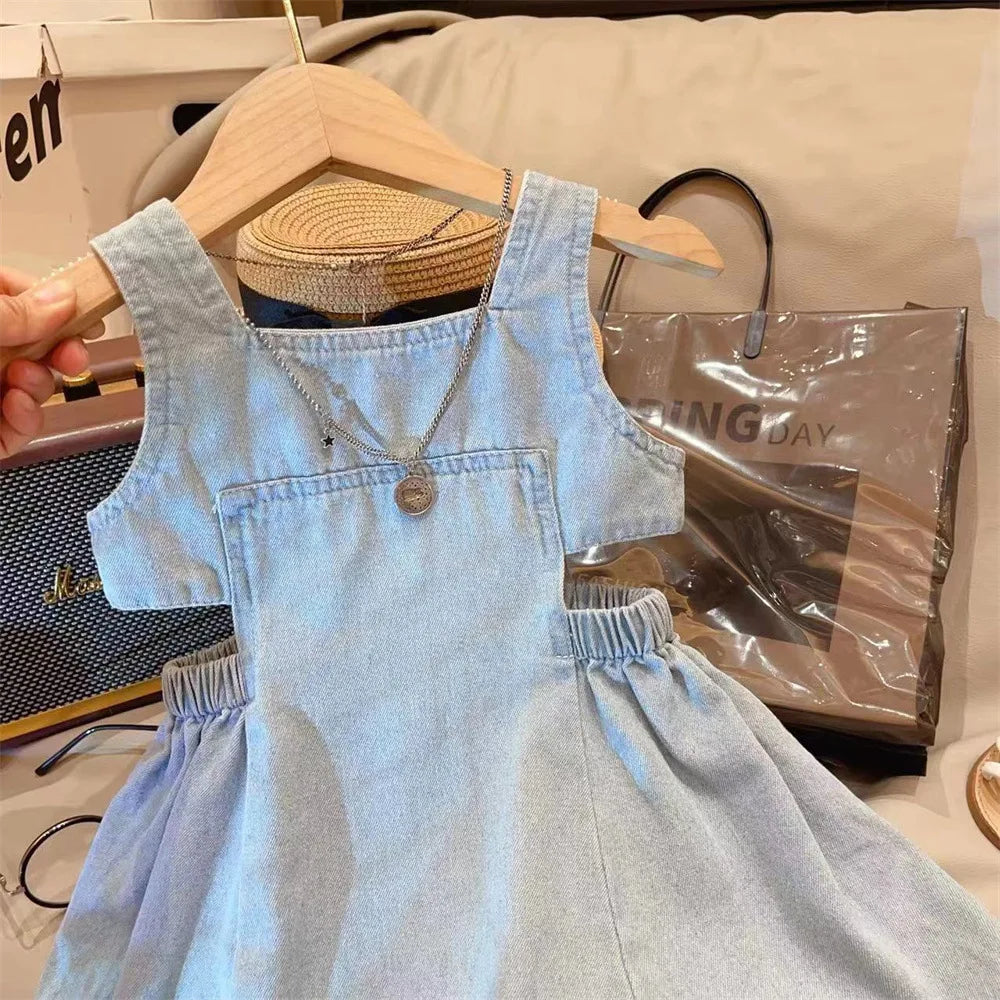 Summer Girls Blue Denim Sling Dress 2 - 7 Years Old Kids' Waist - Revealing Design Casual Princess Dress Stylish Children Outfit