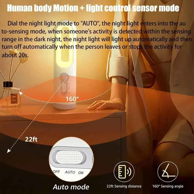Motion Sensor Night Light Bedroom Bathroom Portable 2 in 1 Flashlight Reading Camping Lighting Baby Feeding Eye Care Bedside Lam