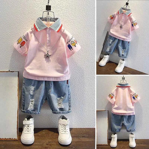 2-10 Years Kids Boys Clothes Set Summer Short Sleeve Cartoon Print Lapel T-shirt And Denim Shorts 2PCS Children Tracksuit Outfit