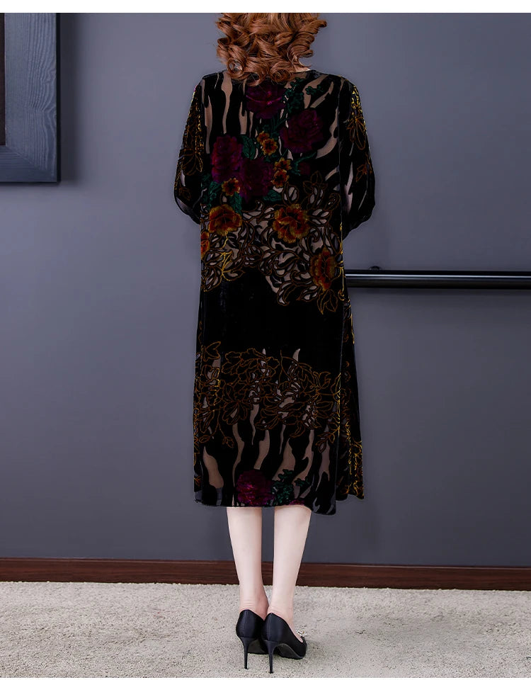 Large Size Gold Velvet Dress Women's Autumn New High-End Mulberry Silk Burnt Flower Dress Luxurious Temperament Vestidos