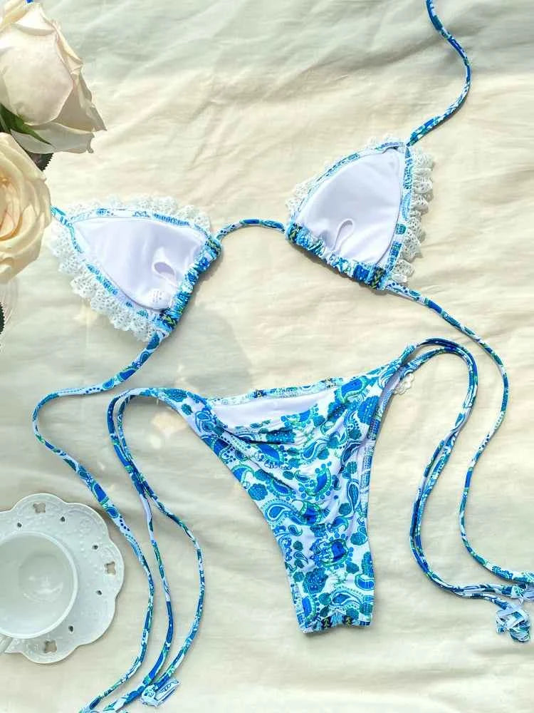 ZRTAK Sexy Swimwear Women Bikinis String Swimming Suit Lace Swimsuit Hight Cut Bathing Suit Micro Folds Halter Two Piece Suit