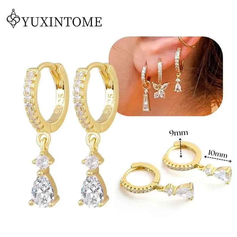 Women's 925 Sterling Silver Ear Needle Crystal Zircon Water Droplets Stud Hoop Gold Huggie Earrings Premium Luxury Party Jewelry