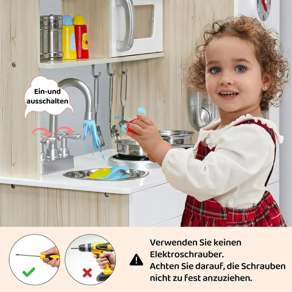Wooden Play Kitchen Set Pretend Play Kitchen with Lights and Sounds for Kids Ages 3+, Includes Stove Oven Microwave Coffee Maker