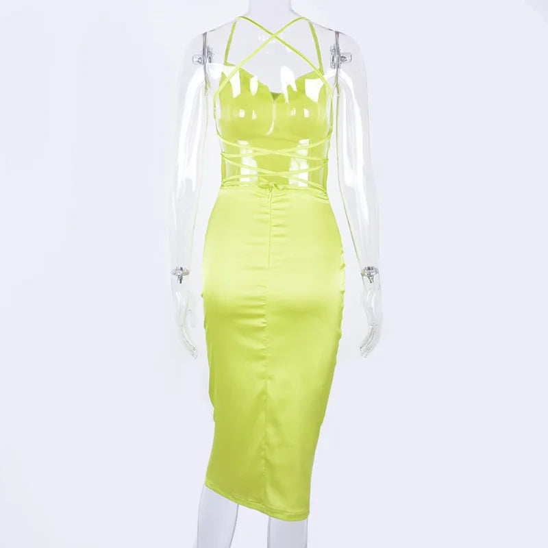 Sexy Slash Neck Back Cross Bandage Bodycon Dress Women Spaghetti Strap Solid Color Mid-calf Dress Elegant Club Party Vestidos