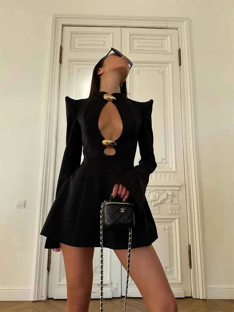 Ahagaga Elegant Women's Mini Dresses Solid Sexy Bodycon Slim Fit Hollow Out Regular Long Flare Sleeve A Line Trend Casual Female