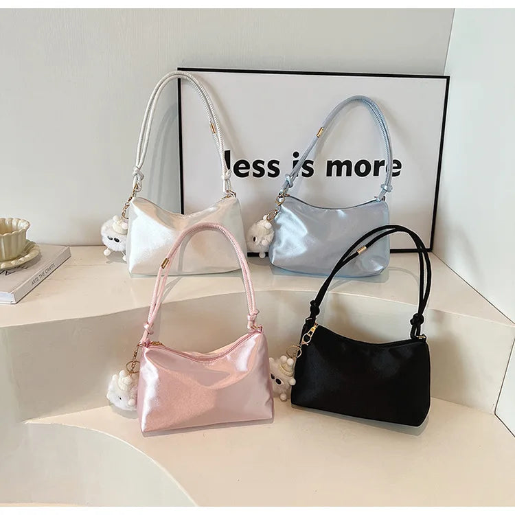 High Quality Solid Color Fashion Elegant Shoulder Bag Smooth Cloth Satin Underarm Bag Leisure Shoulder Bag Lady Handbags Purse