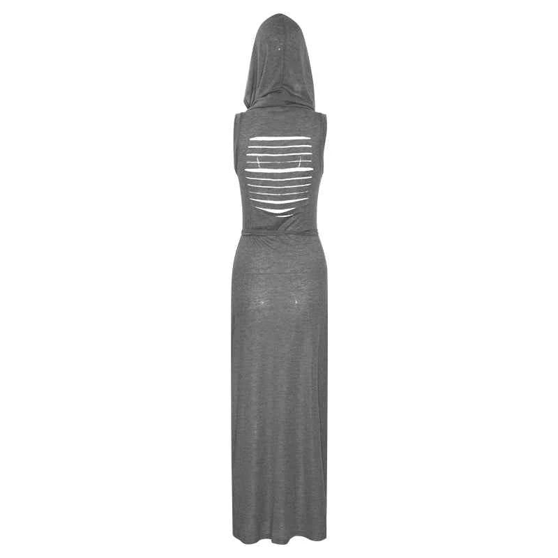 Summer 2023 Sexy European And American Style Sleeveless Hooded Dress Long Split Hollow out Pure Color Women's Gown