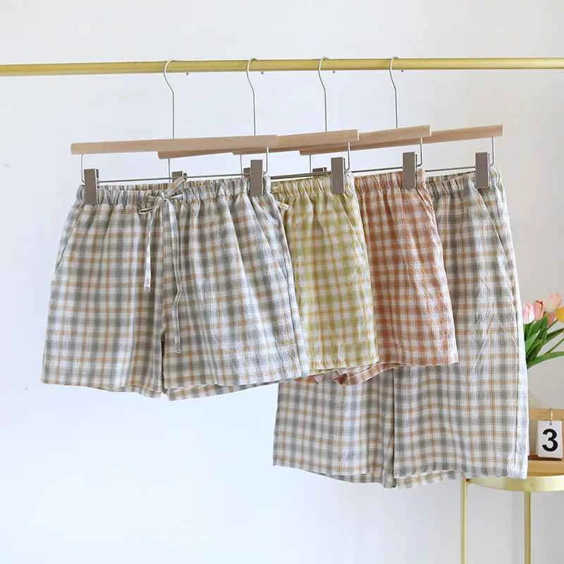 Summer Thin Loose Fit Women's Home Shorts Cotton Plaid Design Multi Colors Sleepwear Beach and Casual Wear Short Pants