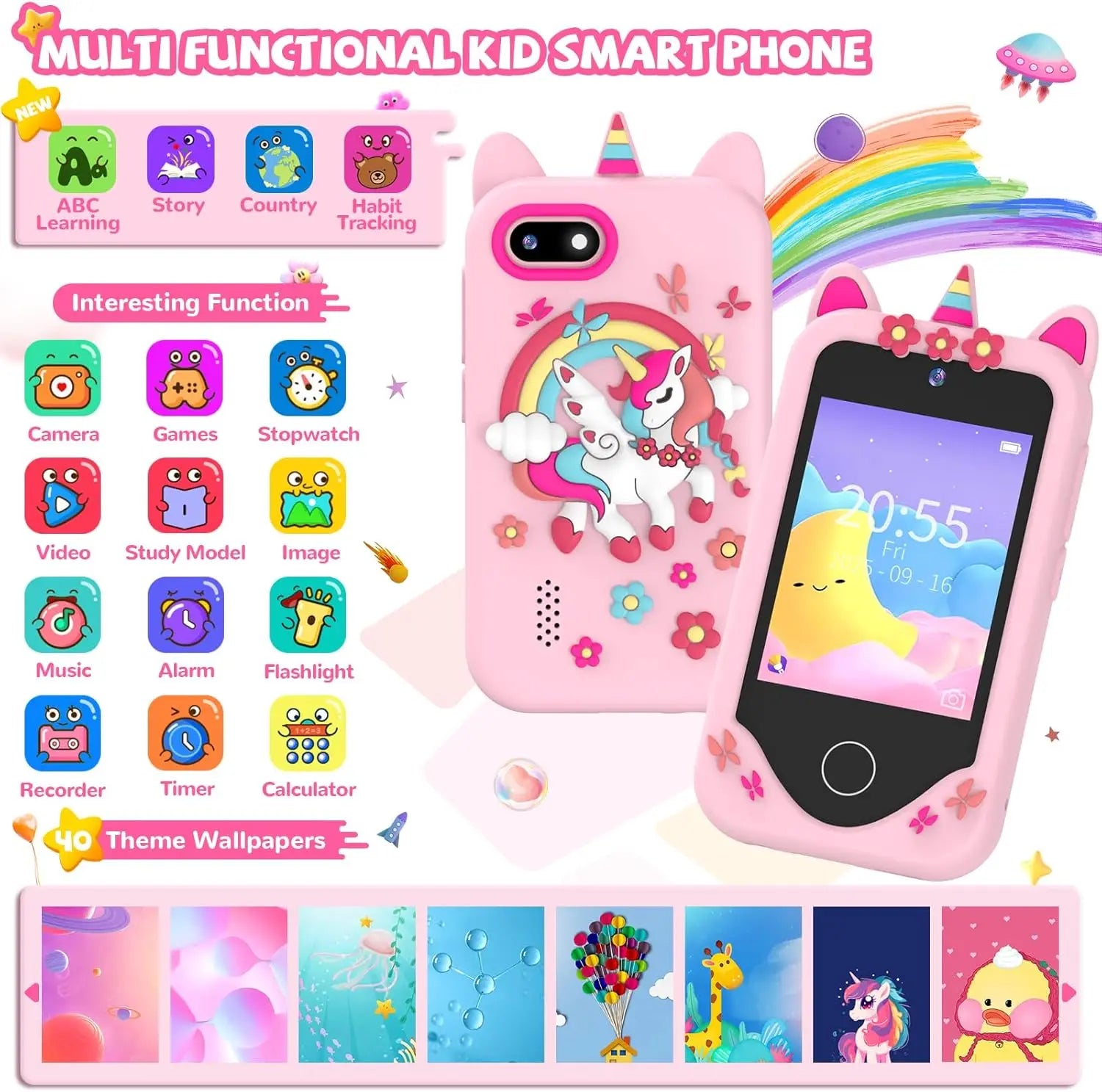 Kids Learning Phone for Girls & Boys 2.8" Touchscreen Dual Camera, Games, Video Player with 32GB SD Card Christmas Birthday Gift