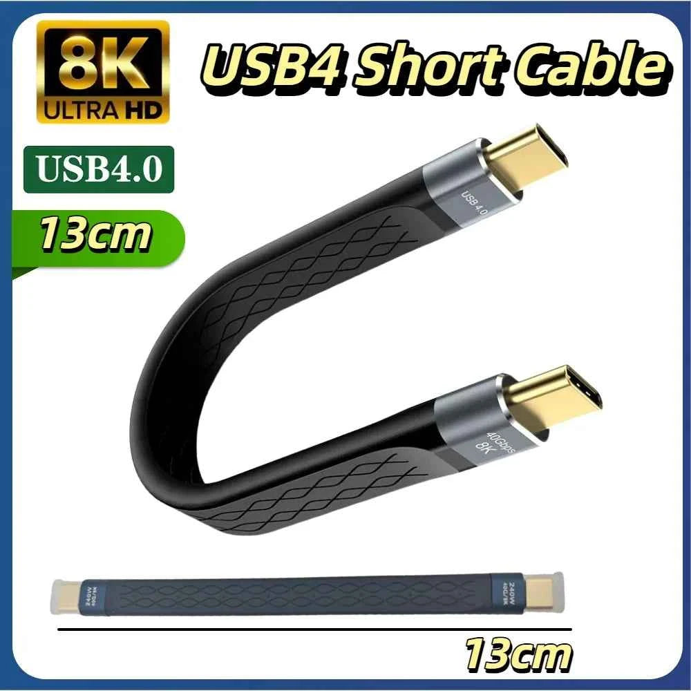 USB4 Short Cable 40Gbps Data Transfer 240W PD Fast Charging Thunderbolt 4/3 Interface Flat USB-C Cord for Laptop Phone Tablet