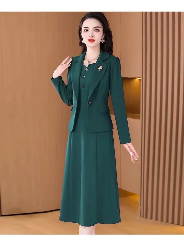 Fashionable Red Two-Piece Set Korean Japanese Style Women's Dress Suit Autumn Spring Lightweight Polyester Commute Style