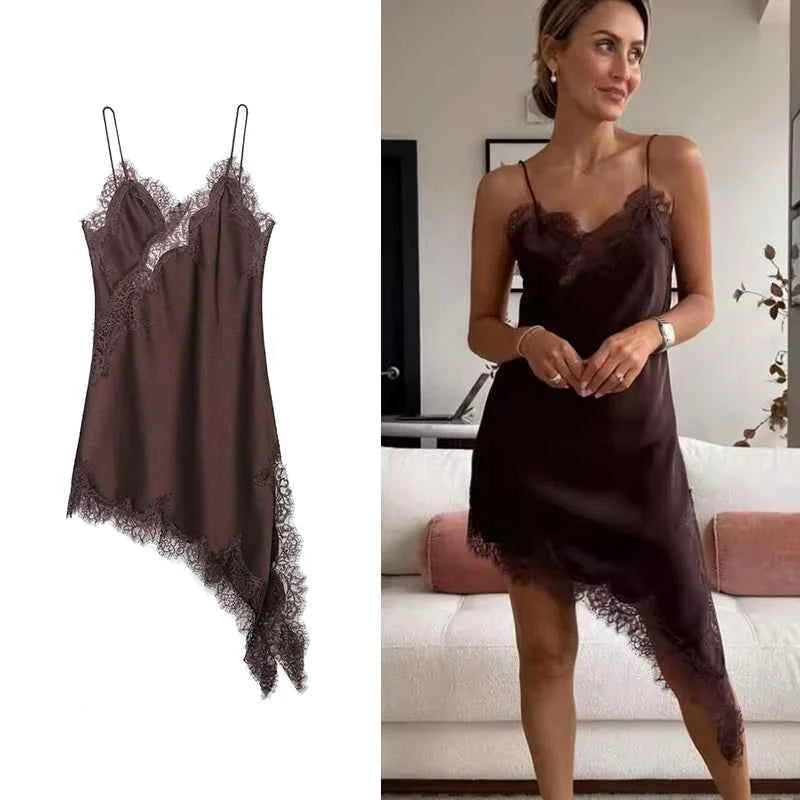 TFMLN Women Sexy Lace Splicing Dresses Summer Solid Sleeveless Asymmetry Dress Backless Slim Women's  Party Sling Mini Dress
