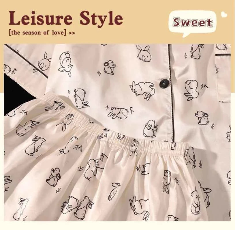 Rabbit Print Sleepwear Women Pajama Sets Korean Style Summer Piiama 2 Pieces Night Wears for Sleeping Student Cute Home Suit