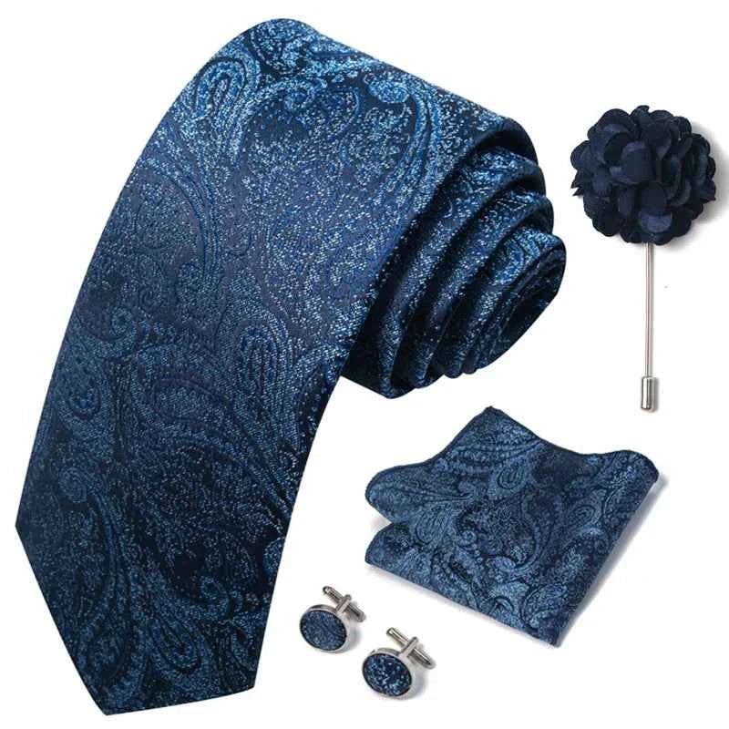 Luxury Mens Ties Floral Black Gold Ties Paisley NeckTie Pocket Square Cufflinks Brooch Set Men's Wedding Party Tie