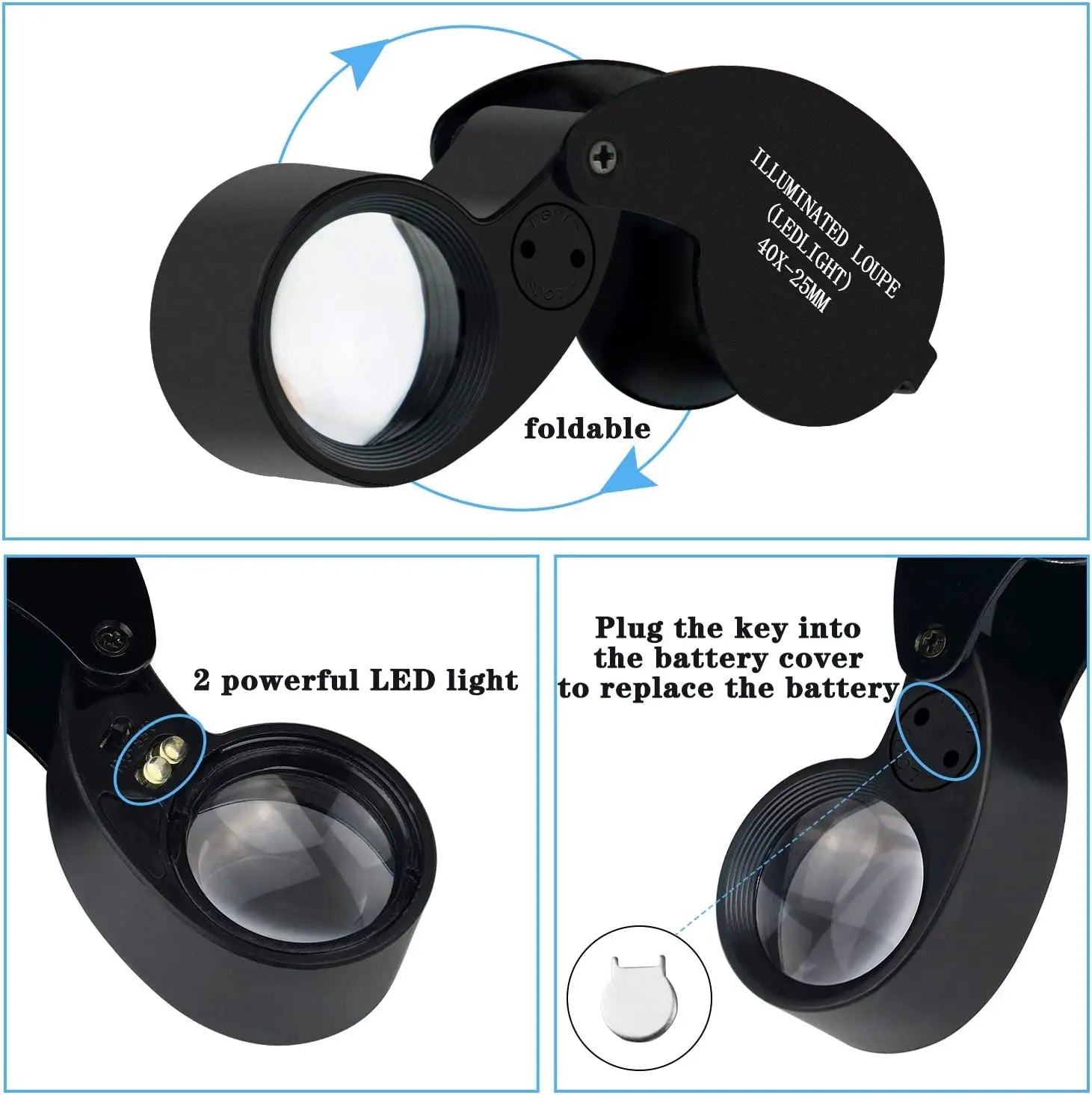 40X Magnifying Glass Jewelers Loupe Pocket Folding Magnifier With Light For Watch Coins Stamps Gems Jewelry Diamond Identifying