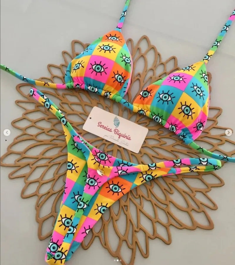 Print Sexy Bikini Sets Halter Lace-up Tops Thongs Beach Style Bathing Suit Y2k Swimsuits Women Beachwear Купальник Женский