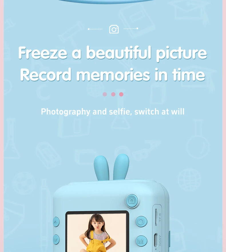 Kids Photo Camera Printer with Game Cute Bunny Mini Digital Video Child Instant Print Camera 4-12 Years Kids Girls Boyes Gifts
