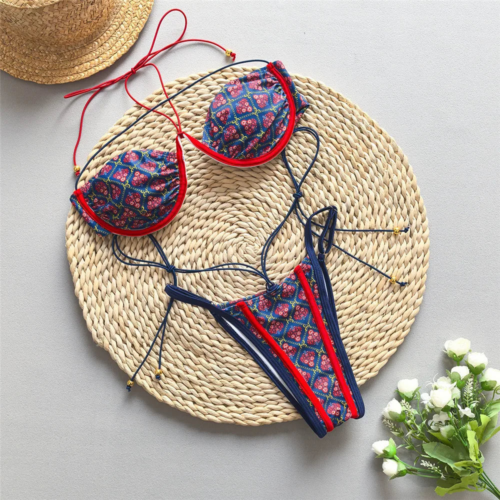 Blue Vintage Print String Thong Micro Bikini Push Up 2026 Sexy Swimsuit Women Back Knotted Swimwear Bathing Suit Bikinis Sets