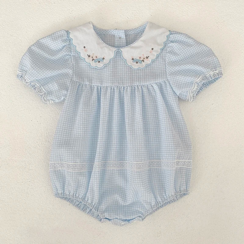 2026 Summer Baby Girl Embroidered Collar Bodysuits 0-24M Baby Girl Romper Newborn Short Sleeved Baby Girl Yellow Jumpsuit