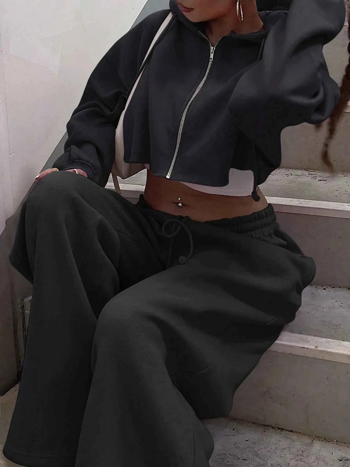 Women Hooded Zip-up Cropped Sweatshirt and Long Pants 2 Piece Sets 2025 Autumn Casual Hoodies Sweatpants Suit Tracksuits