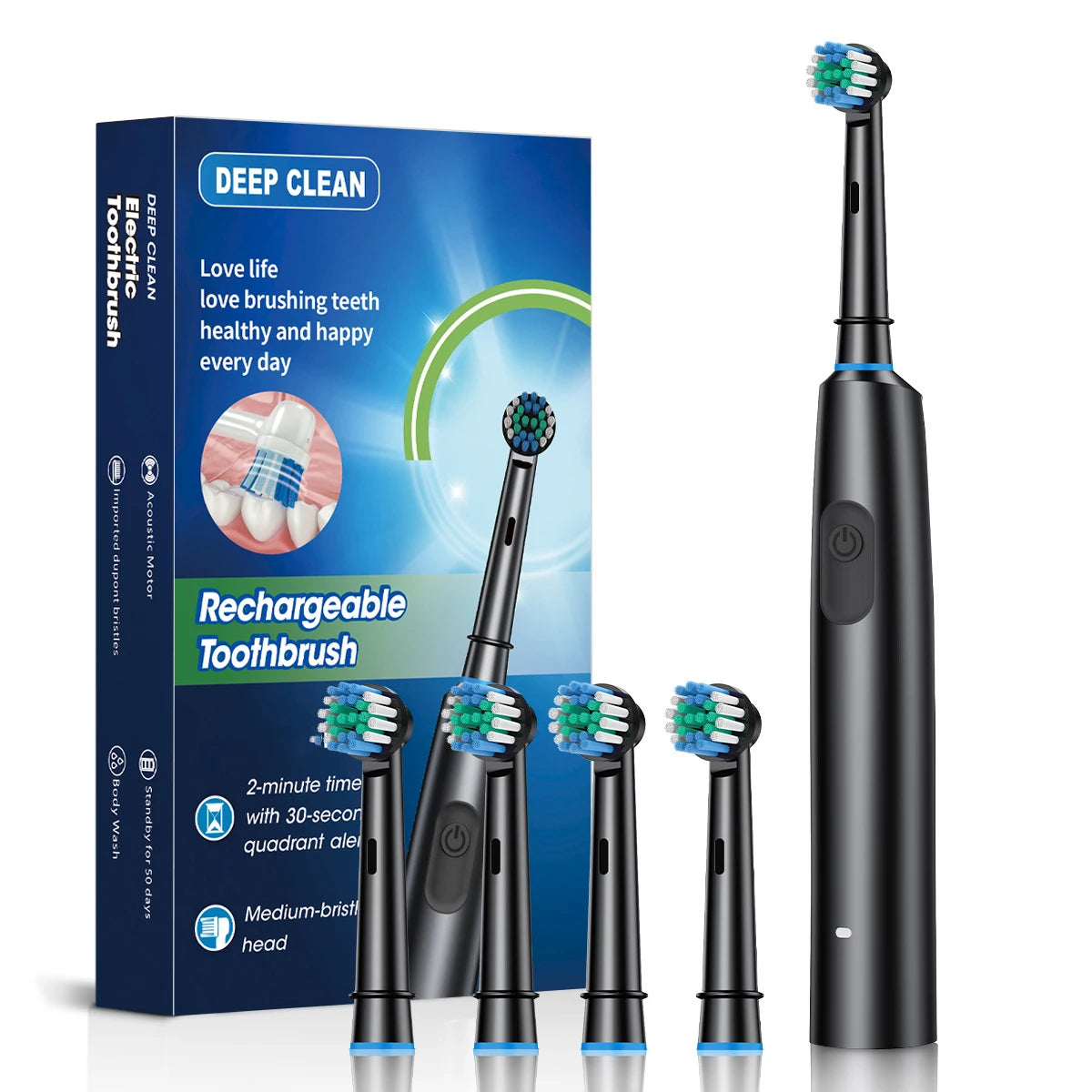 black 4 heads Color Rechargeable Electric Toothbrush – 5 Modes, Smart Timer