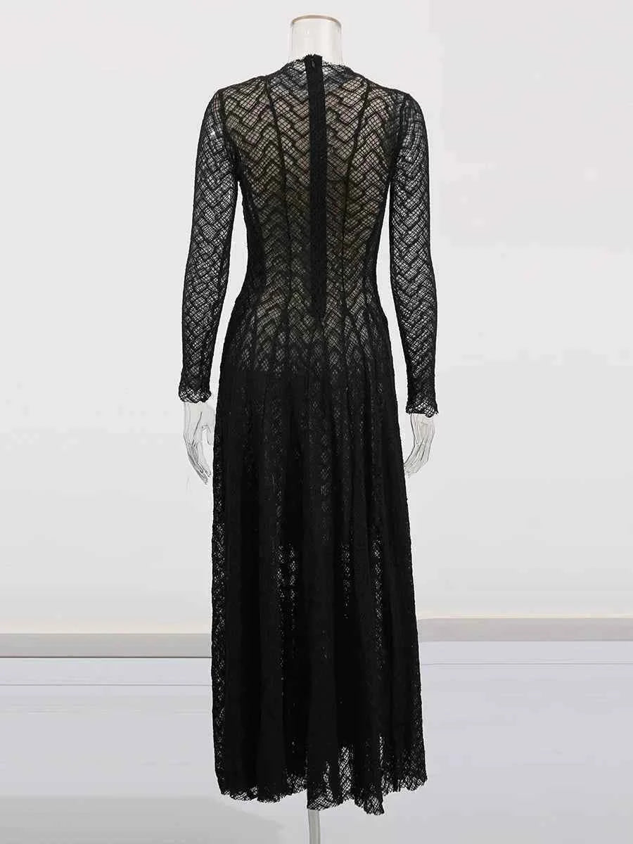 TWOTWINSTYLE Solid Slimming Spliced Ruffles Dresses for Women Round Neck Long Sleeves Patchwork Hollow Out Dress Female Clothing