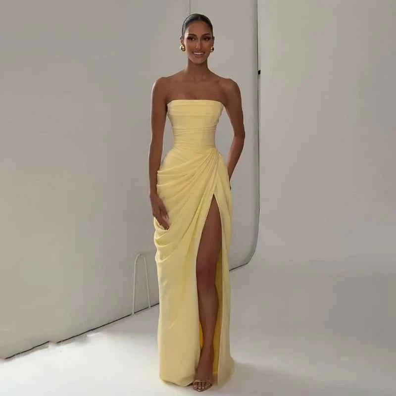 Women Sexy Solid Pleated Strapless Dress Lady Chic Off-shoulder Backless High Waist Split Dresses  Evening Party Gown 2026 New