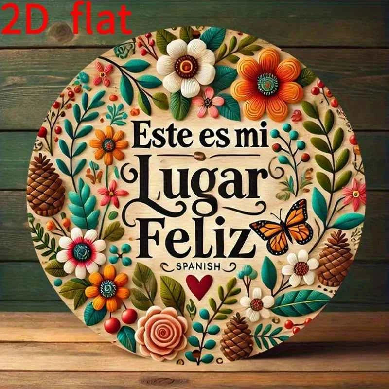 2D Flat, Vintage Wooden Sign Decor for The Room - "My Happy Place" Spanish Quote Wall Art Piece, Suitable for Home, Dining Room,