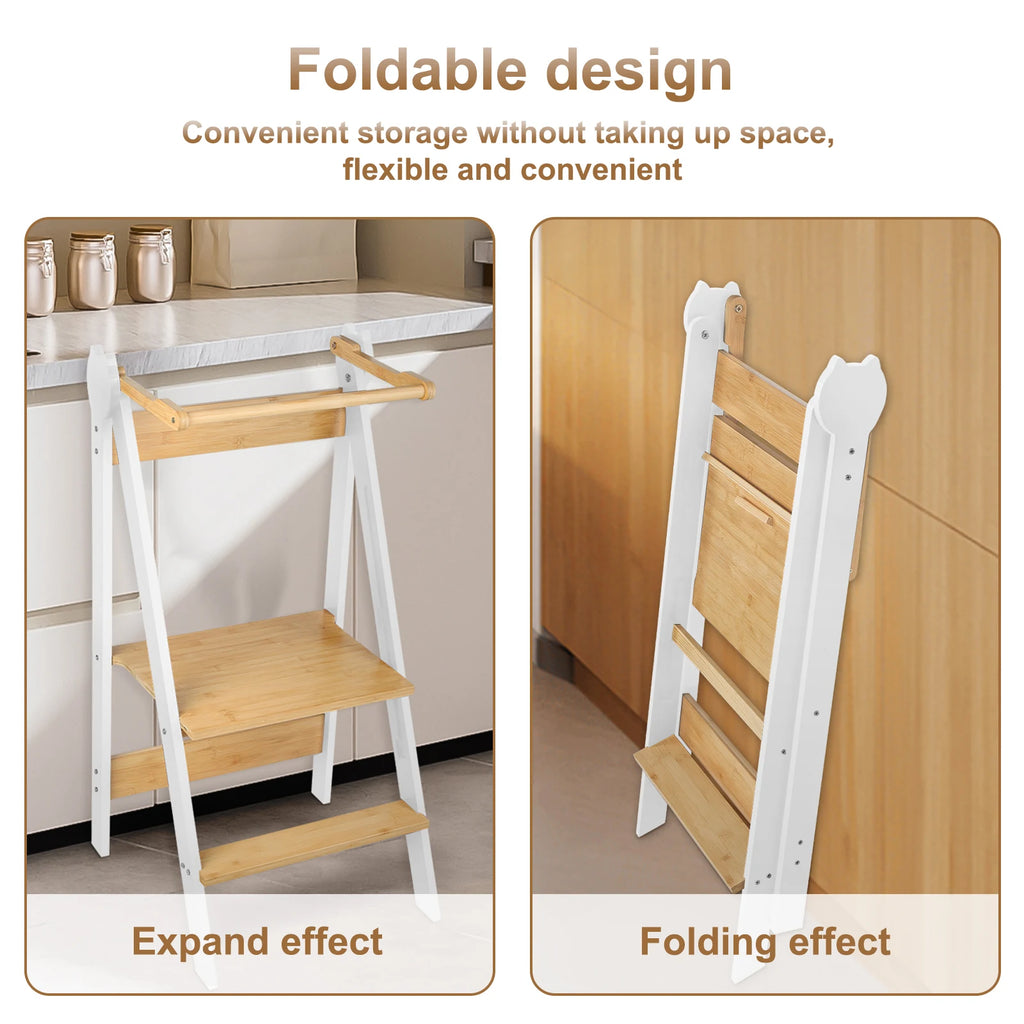 Foldable Montessori Tower, height adjustable on 3 levels, easy to assemble, Montessori bamboo observation tower, black/white