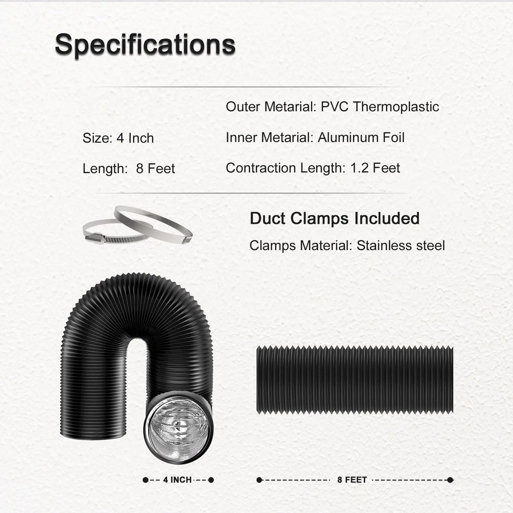 4 inch Dryer Vent Hose with 2 Stainless Steel Clamp Air Ducting Heavy-Duty Flexible Exhaust Pipe Kitchen