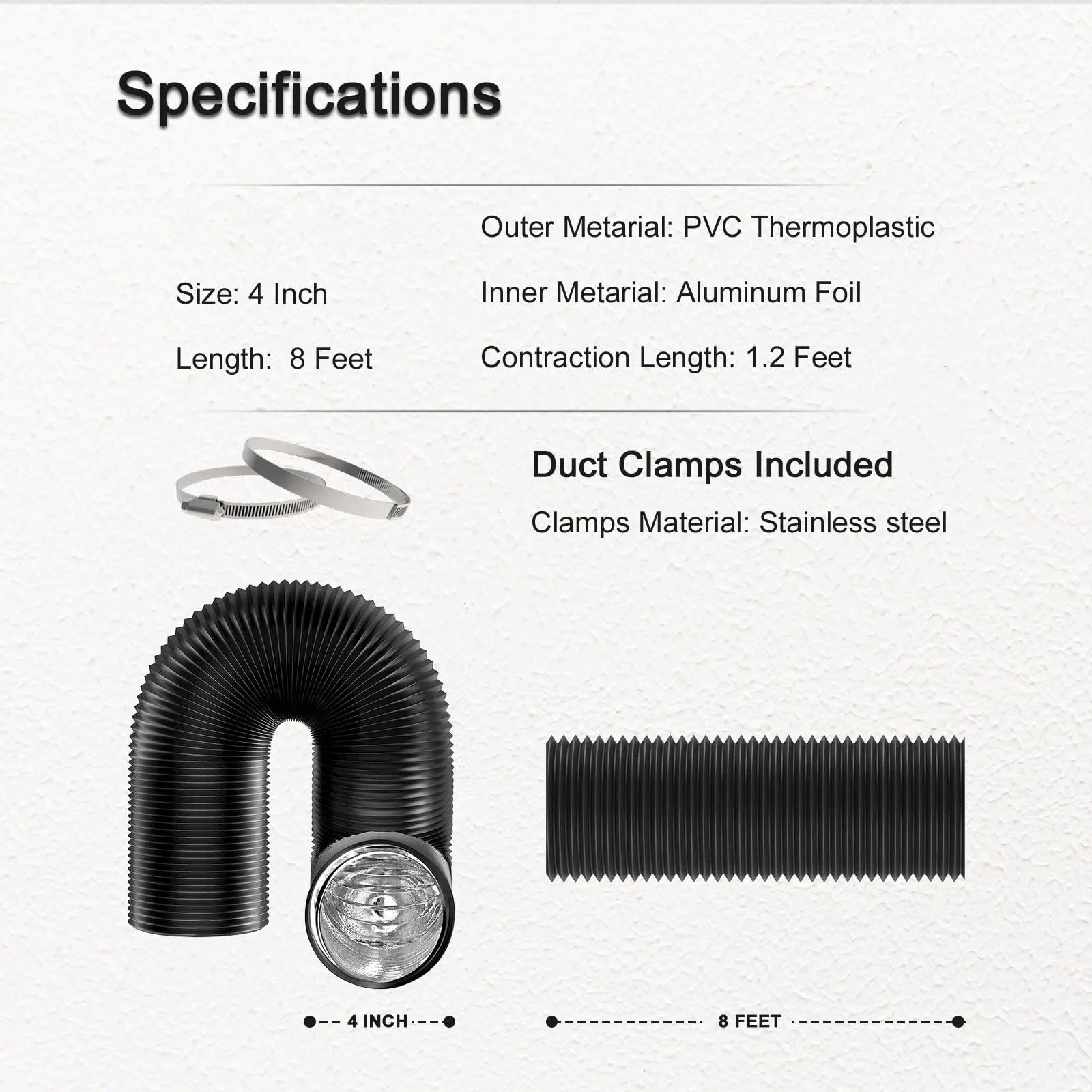 4 inch Dryer Vent Hose with 2 Stainless Steel Clamp Air Ducting Heavy-Duty Flexible Exhaust Pipe Kitchen