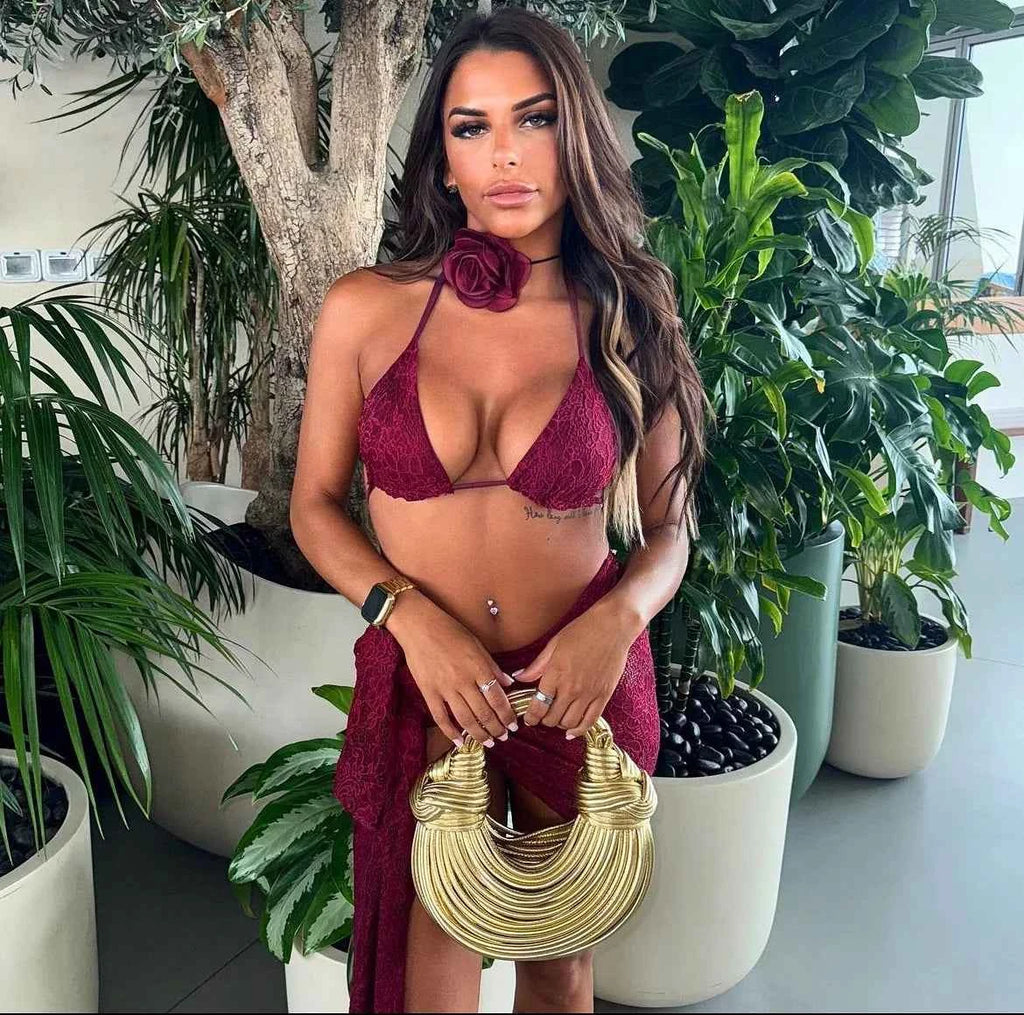 3pcs Swimsuit Sexy Bikinis 2025 Women Swimwear Crochet Dress Off Shoulder Ruffle Swim Suit Bathingsuit Beachwear Bandeau Biquini