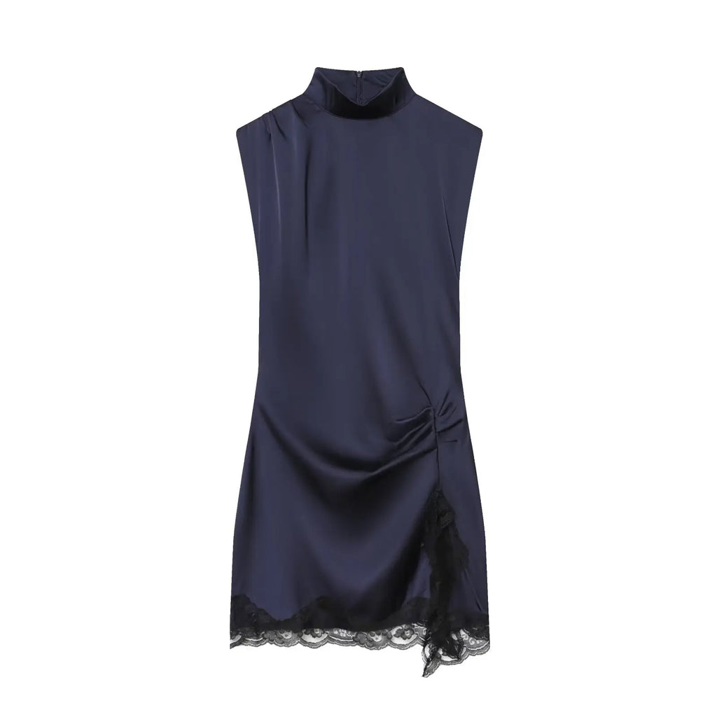 BSAY Satin dresses women's clothing fashion back zip hem lace patchwork slit sexy nightclub mini dress chic French Evening