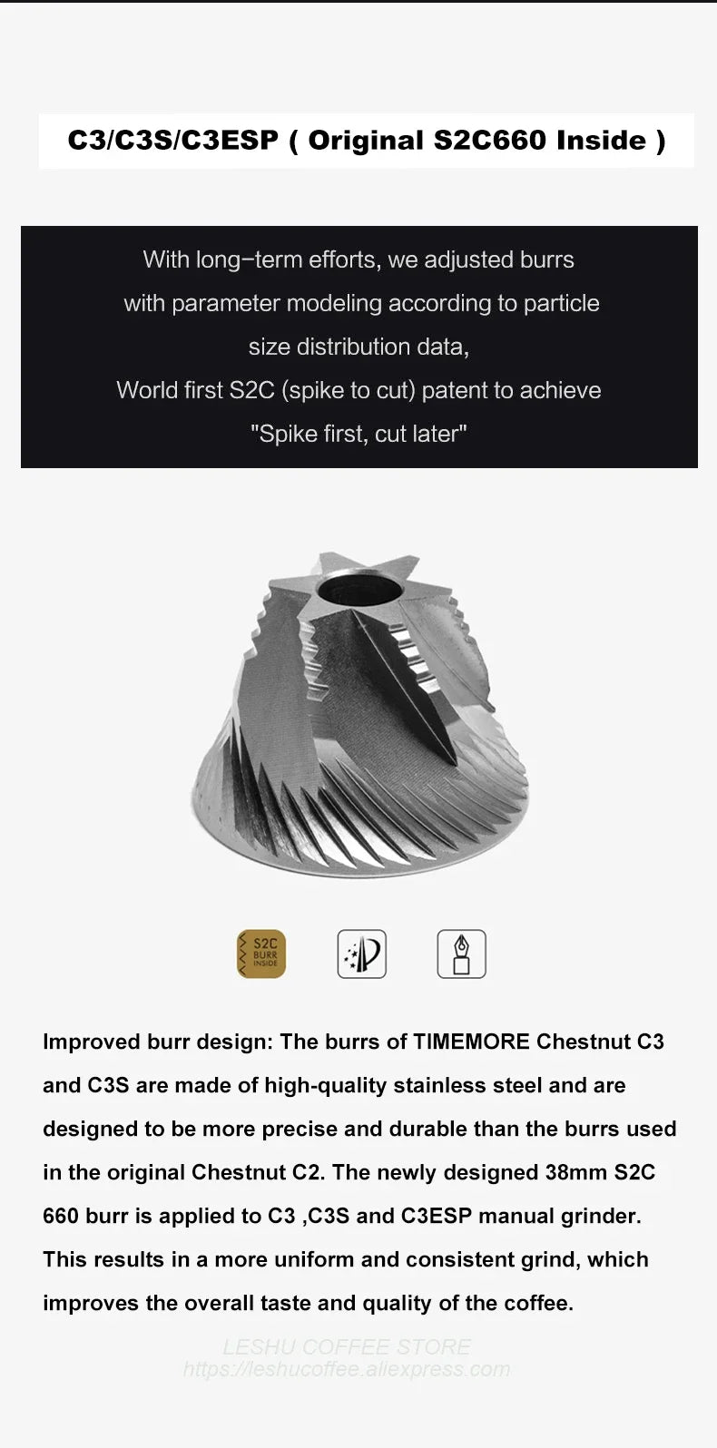 TIMEMORE Chestnut C3S / C3ESP Manual Coffee Grinder Upgrade All-metal Body & Anti-slip Design Portable Grinder S2C Burr Inside
