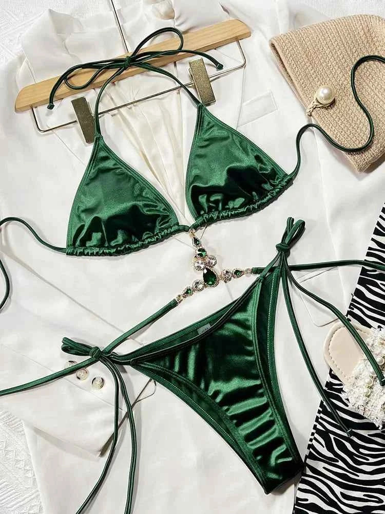 Extreme Mini Micro String Diamond Bikini Women Thong Swimwear Female Swimsuit Two Pieces Bikini Set Halter Bathing Suit Swim