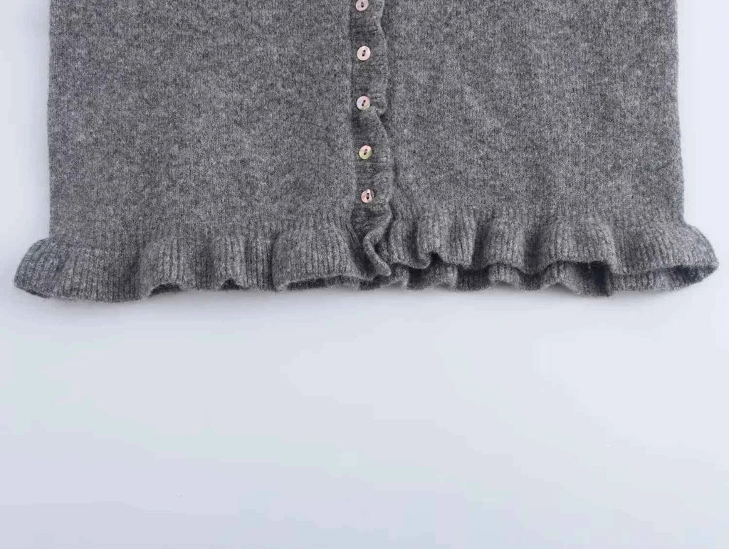 HXAO Sweater Cardigans Ruffle Long Sleeve Knitted Cardigan For Women Autumn Bolero Knitwears Button-Down Bluey Gray Cardigan