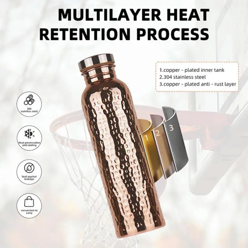 800ML Electroplated Copper Water Bottle One-Click Open Lid Anti-Slip Hammer Pattern Bottle Sports Water Bottle