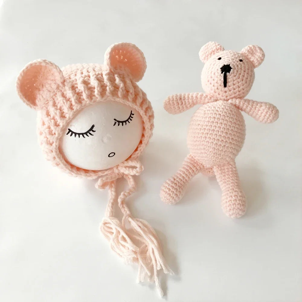 Newborn Photography Props Baby Bear Caps Rabbit Dolls Girls Boy Infant Baby Crochet Knitted Hat Photoshoot Accessories